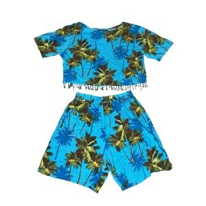 SPA Tropical Palm Tree 2 Piece Set Blue Rayon Fringe Size L